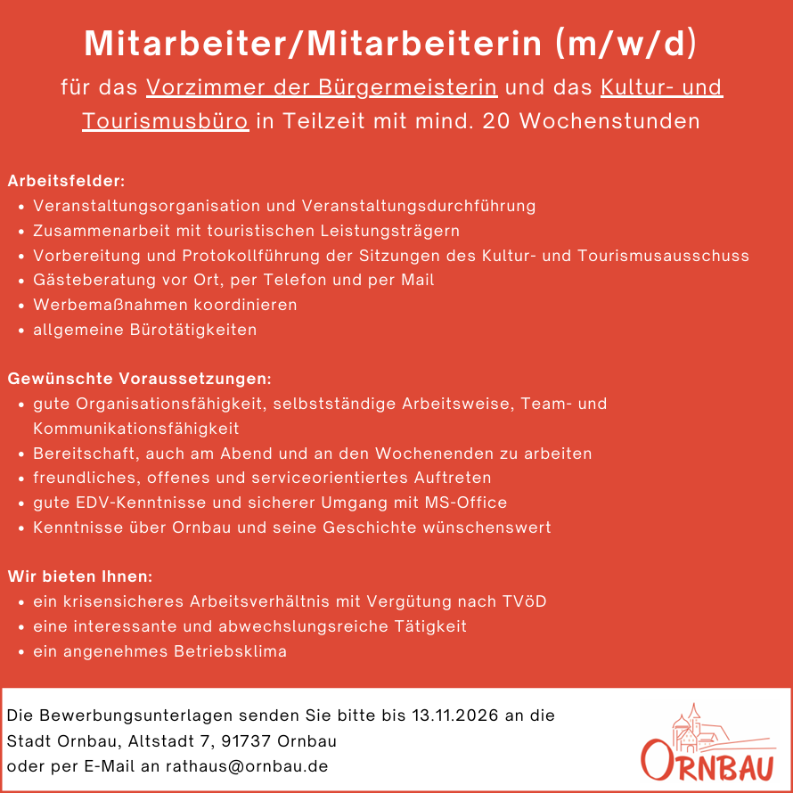 Stellenausschreibung Vorzimmer - Kultur- und Tourismusbüro